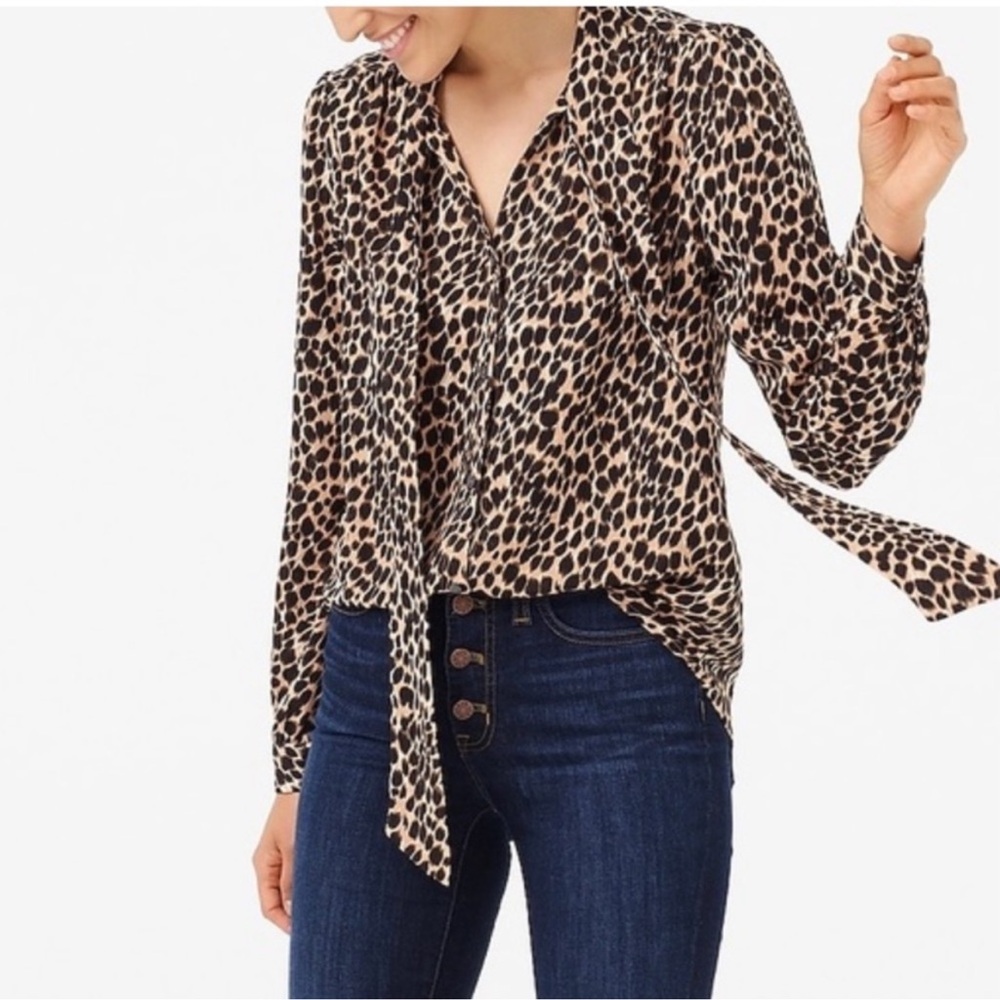 NWOT J Crew Long-sleeve leopard drapey tie-neck top. Size L